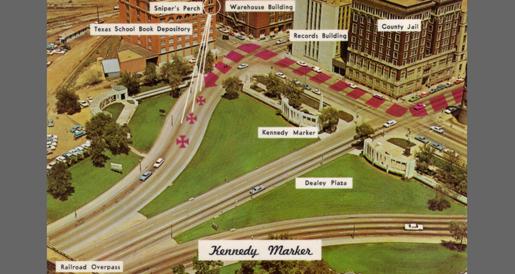 Traseul prin parcul "Dealey Plaza" - unghiul de tragere conform Comisiei Warren